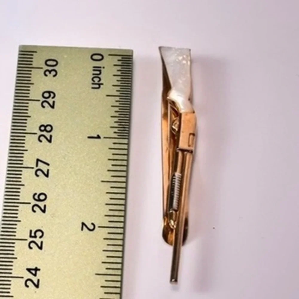 Vintage Rifle Tie Clip Gold Tone Mother of Pearl Inlay Western Goth Boho Chic